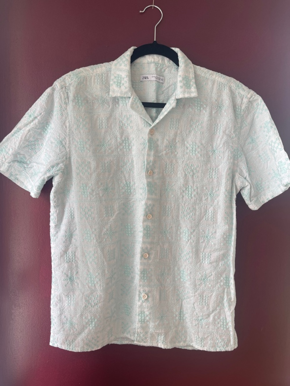 Zara Mint Green Textured Short-Sleeve Button-Up Shirt